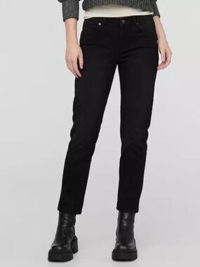 DUER Black Tech Fleece Denim Girlfriend Jeans Mid Rise Lined Cropped Size 30